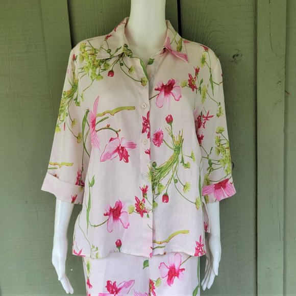 Dandy by Randi M. White Pink Floral Linen Pants Oufit Set Large L - Picture 2 of 6